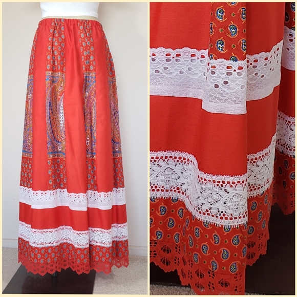 VTG Red Lace Handmade Maxi Skirt - Picture 2 of 9